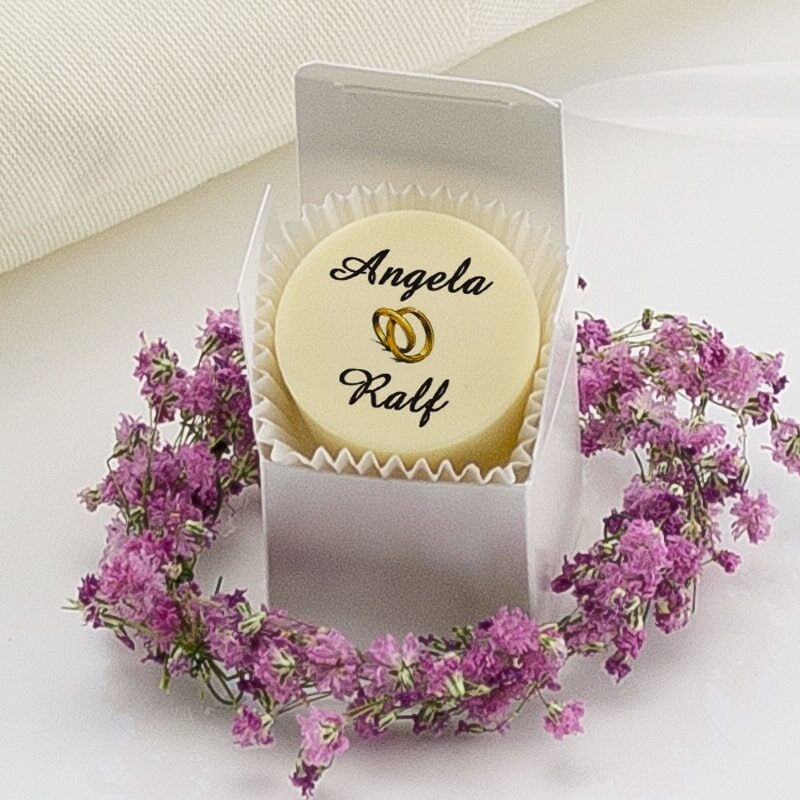 Hochzeitspraline mit Foto oder Schrift im Würfel rund SchokoFoto