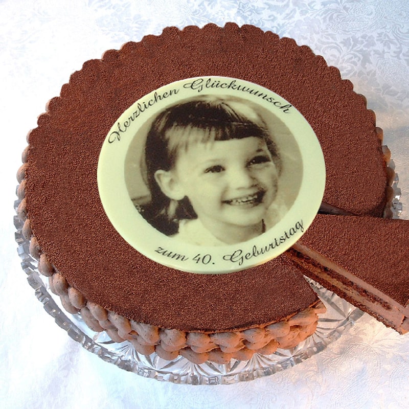 Tortenaufleger 12cm rund weiße Schokolade mit Text - SchokoFoto