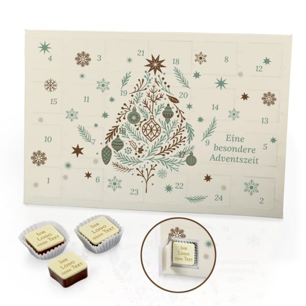 Adventskalender – Premium Logo-Pralinen | Mint Edition mit 24 individuell bedruckten Logo-Pralinen