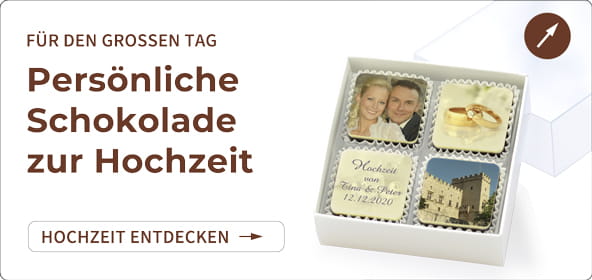 Bild-Link zur SchokoFoto Hochzeitskategorie. 4er Pralinenschachtel mit Brautpaar, Hochzeitsringe, Schriftzug und Veranstaltungsort.