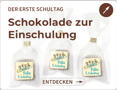 Bildlink zur Einschulungskategorie.
1er Karreepralinen in der Tüte mit Goldclip. Motiv Bleistift, Felix und 1. Schultag.
