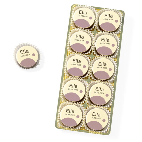 Runde Fotopralinen zur Taufe. Taufpraline mit Name und Datum modern gestaltet.