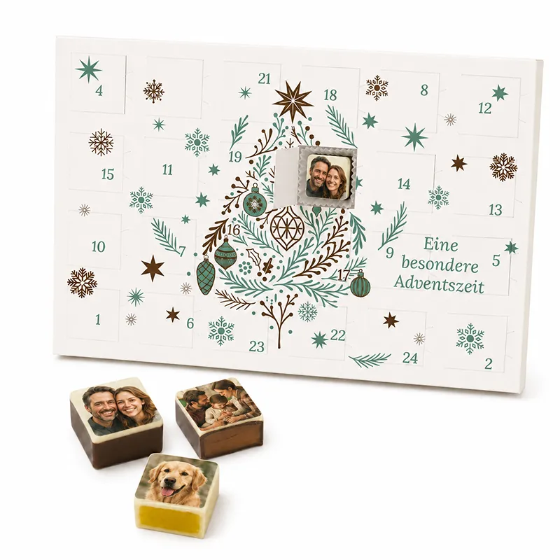 Adventskalender mit quadratischen Fotopralinen.