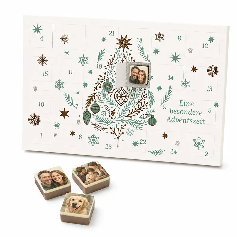 Personalisierter Adventskalender Mint Edition mit quadratischen Fotopralinen