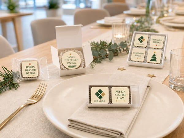 Logo-Pralinen als Giveaways für Weihnachtsfeiern
