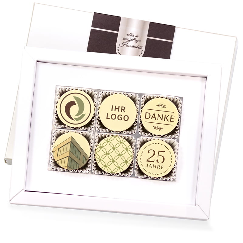 6er Pralinenschachtel mit runden Logopralinen. 6 Motive mit unterschiedlichen Icons, Motiven und Schriftzügen.