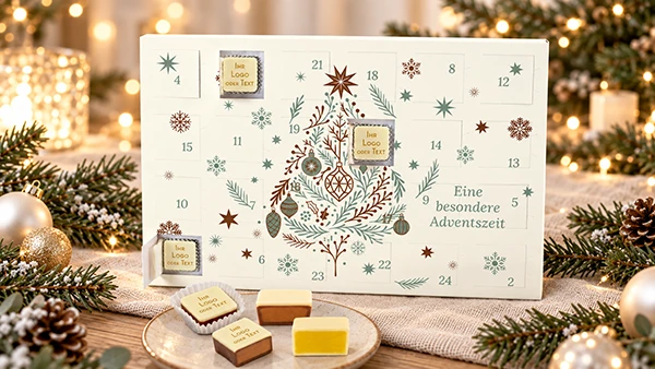 Firmen-Adventskalender mit Logo.
24 verschiedene Texte, Logos und Cliparts möglich.